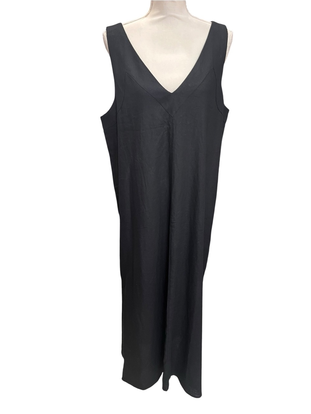 DKNY Black Linen Blend V Neck Sleeveless Midi Shift Dress XL NWT - Picture 2 of 7